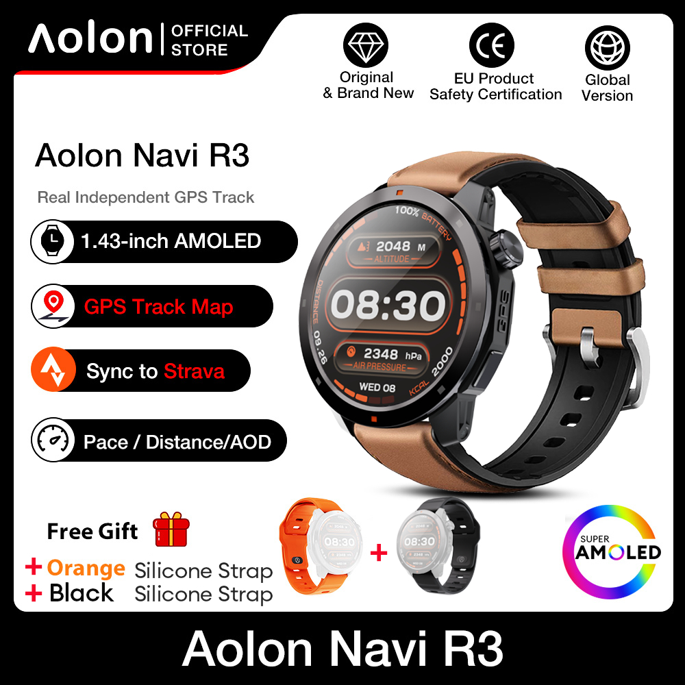Aolon Navi R3 Jam Tangan Pria GPS Map Pace Amoled AOD Display Smartwatch Altitude Air Pressure Sport Pria-Black Leather