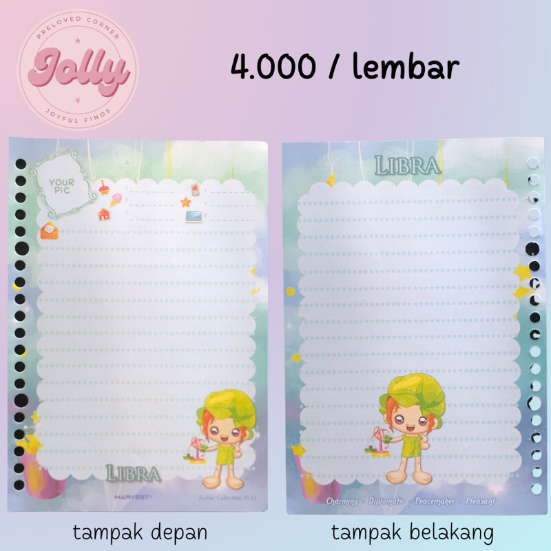 

Isi Binder / Loose Leaf Harvest A5 Edisi Zodiac Collection no 10-12 ( Libra )