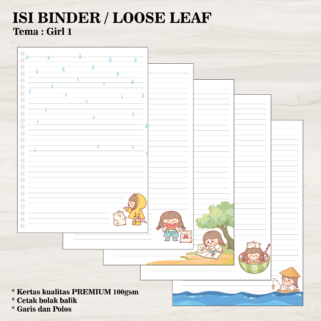 

Isi Binder / Loose Leaf Gambar A5 - Tema Girl 1 / Refill Map Binder / Garis Polos