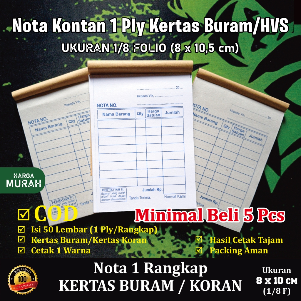 

Nota Kontan 1 ply ukuran 1/8 folio Bahan Kertas KORAN dan Nota HVS