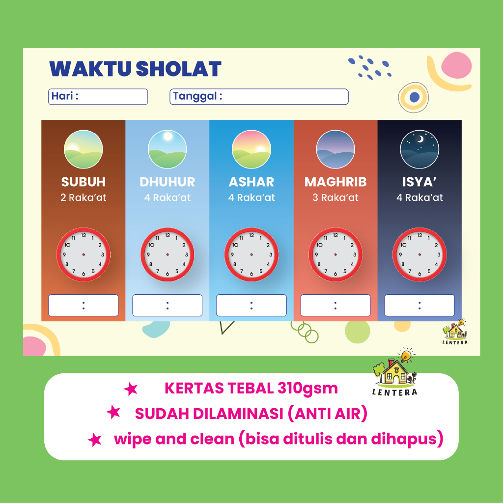Poster Jadwal Harian WAKTU SHOLAT wipe clean bisa ditulis dan dihapus Dekorasi Hiasan Pajangan Dindi