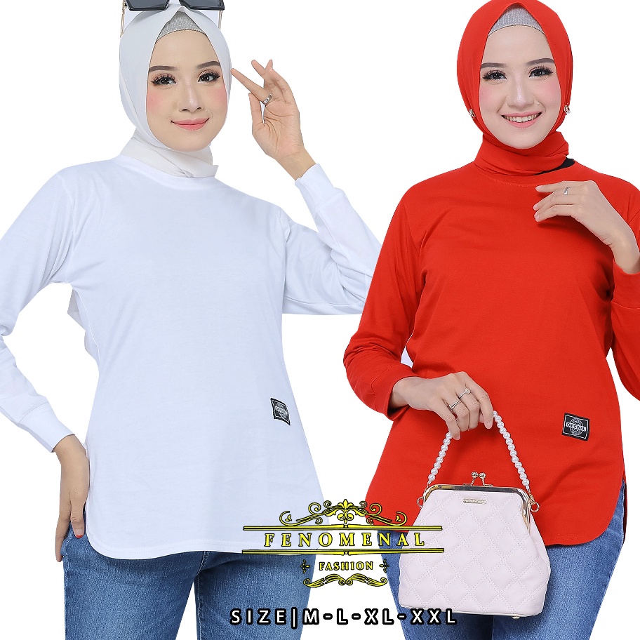 PROMO MURAH MERAH  PUTIH EDITION KAOS WANITA LENGAN PANJANG  BAWAHAN OVAL VIRAL TERBARU  BAHAN KATUN