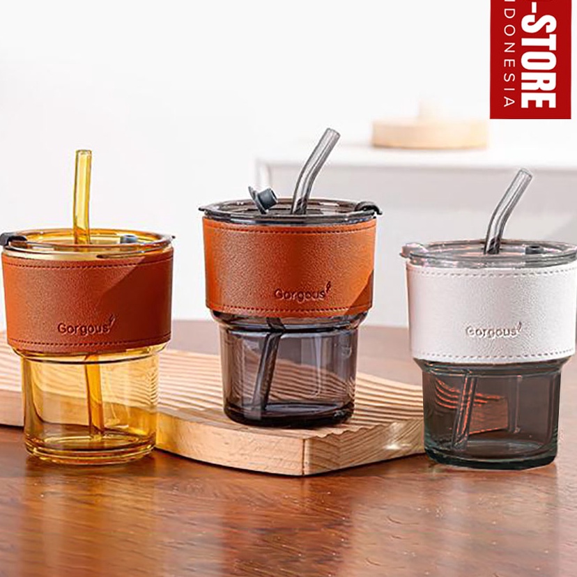 DiSkon   Gelas Tumbler Gelas Estetik Tumbler Minum Gelas Kaca Tutup Sedotan Kaca Mug Lucu Cangkir Ko