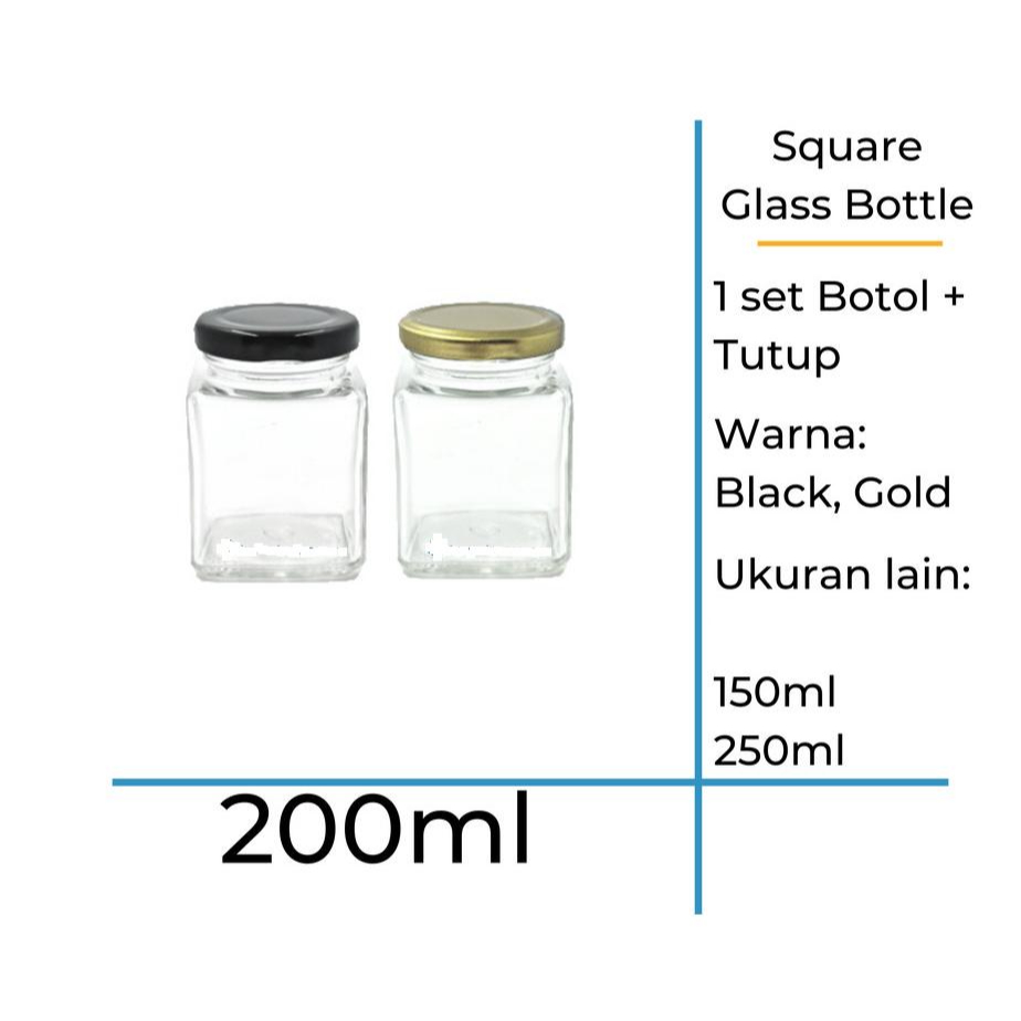 200ml Botol Kaca Square / Jar Kaca Kotak / Jar Saffron + Tutup Metal Cap