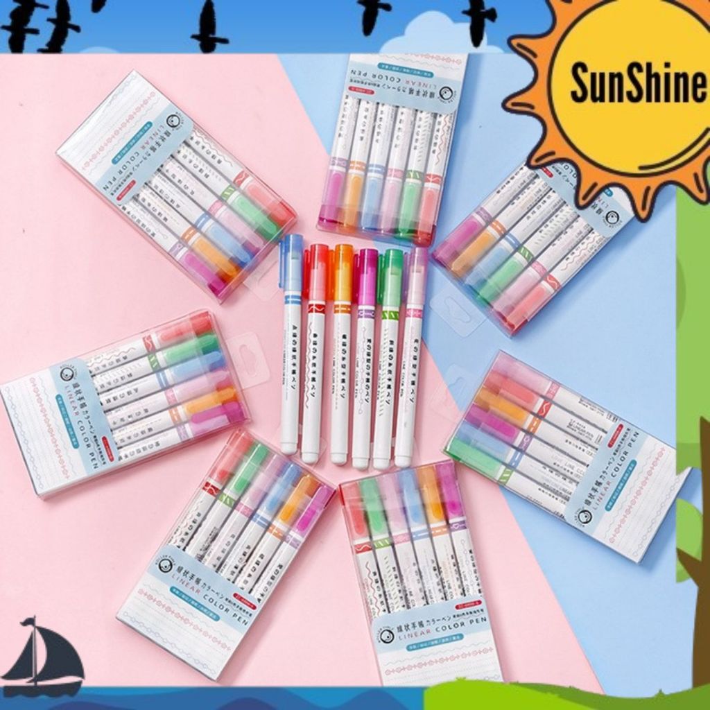 

✨Sunshine Fancy✨ 1 Set 6 Pcs Spidol Garis Motif / Roller Pen Highlighter S0251