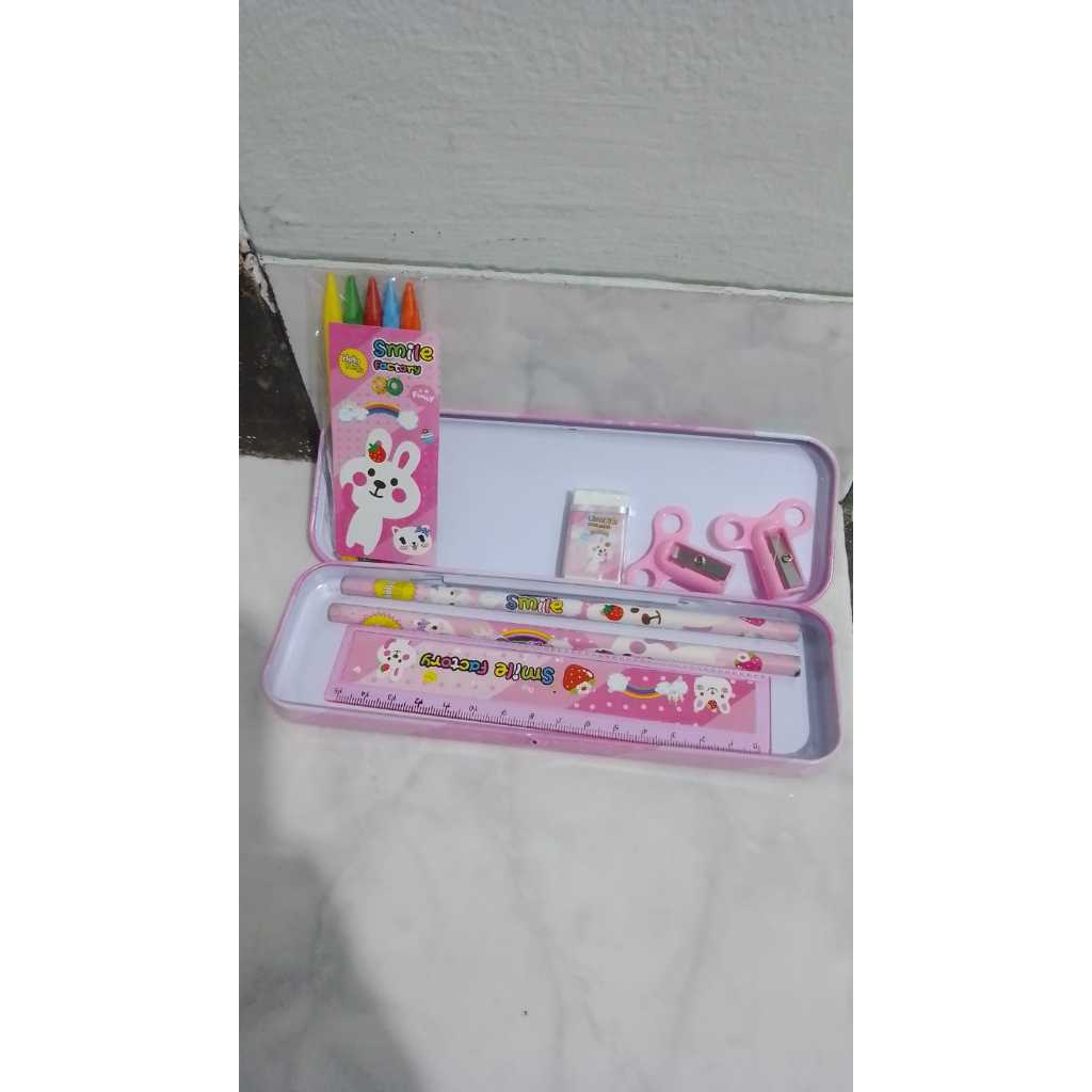 

Sepaket Alat Tulis Tempat Pensil Penghapus Rautan Krayon penggaris smile new