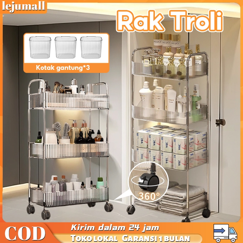 Rak Troli 3 Susun/4 Susun Transparan Rak Susun Serbaguna Roda Acrylic Rak Dapur Besi Rak Kamar Mandi