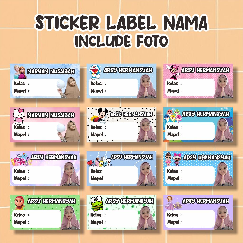 Stiker Label Nama Buku Sekolah Pelajaran Pakai Karakter kartun custom