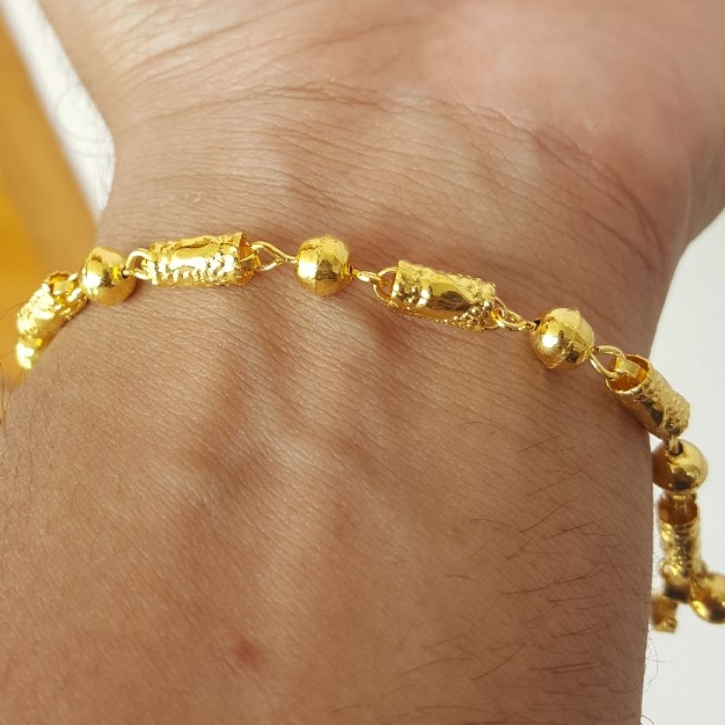 Gelang Pipa Bola Bambu Ukir Antik Lapis Emas Gold Plated