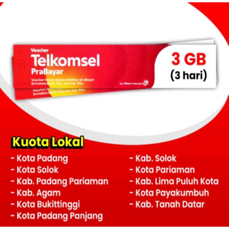 Voucher Telkomsel 3 GB 3 hari zona1 (Sumbar)