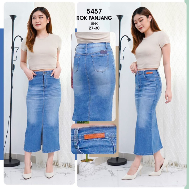 RAFARA - Rok Jeans Span Belah Bawah Rok Kantong Depan Model Belah Bawah Basic Polos Wanita - Premium