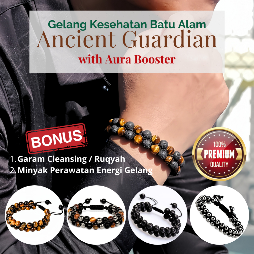 ANCIENT GUARDIAN 2 LAYER Gelang Aura Kesehatan Batu Alam Akik Asli Positive Energy Tiger Eye Hematit