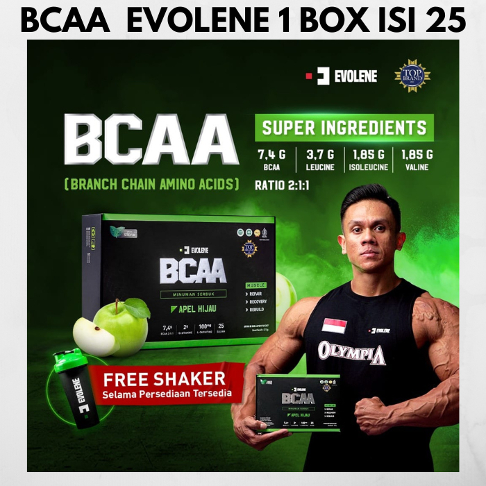 BCAA EVOLENE 1 BOX ISI 25 SACHET BRANCH CHAIN AMINO ACIDS BPOM HALAL RASA APEL CARIVA COLLAGEN 1 BOX
