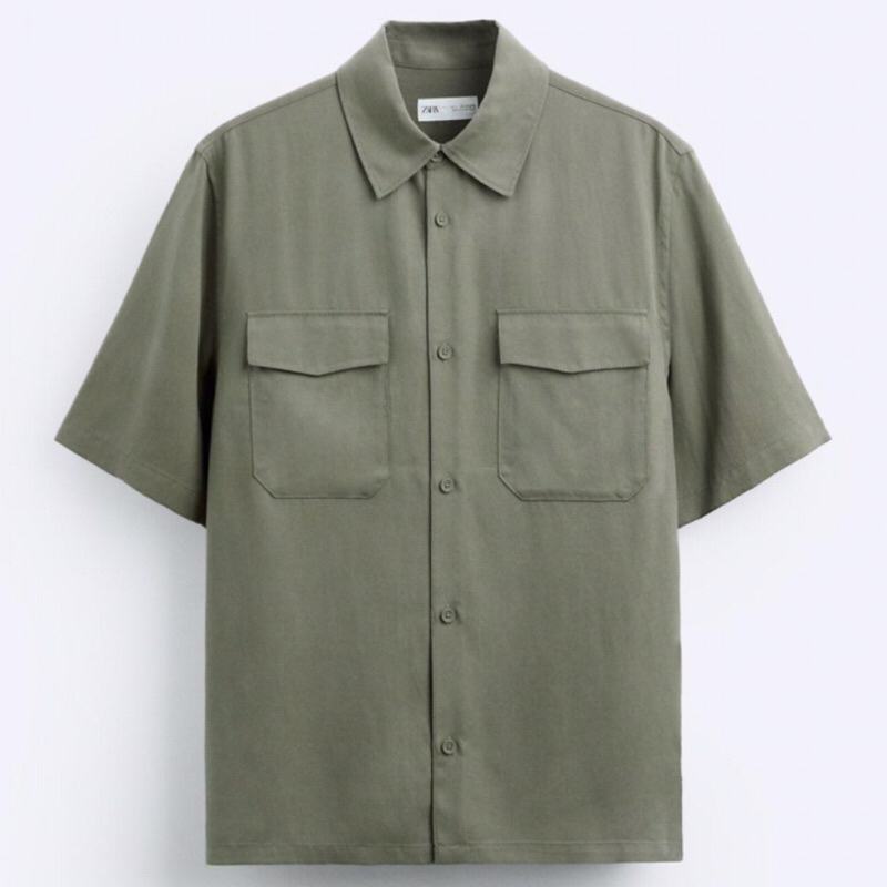 ZARA Men Lyocell Shirt Kemeja Pria Lengan Pendek Khaki