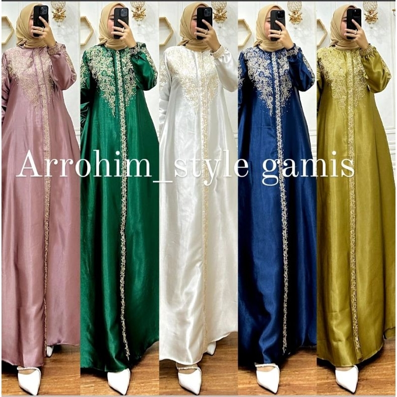 Gamis satin crital bordir|gamis fashion muslim wanita terbaru|Nadia dress wanita terlaris jumbo