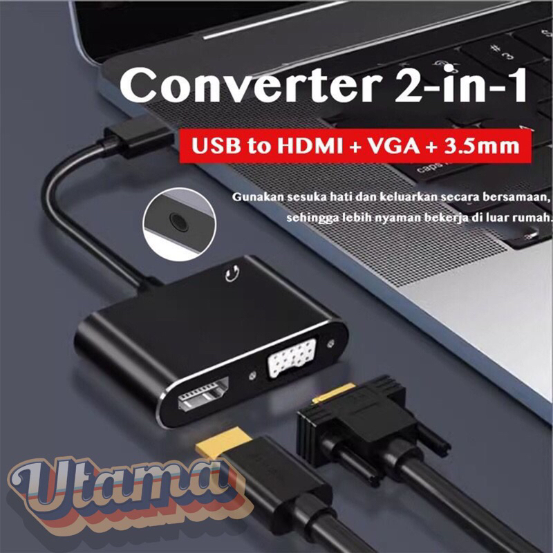 USB 3.0 to HDMI + VGA Adapter + Jack Audio 3.5mm Cable 1080P Video Audio Converter DP dari Laptop Ko