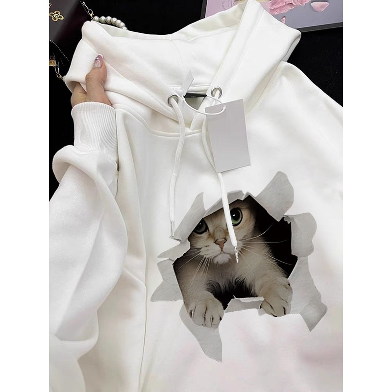 Forteid Oversize Hoodie Wanita  Korean Style Oversize Hoodie Sweater   (Cetak anak kucing) Baju Wani