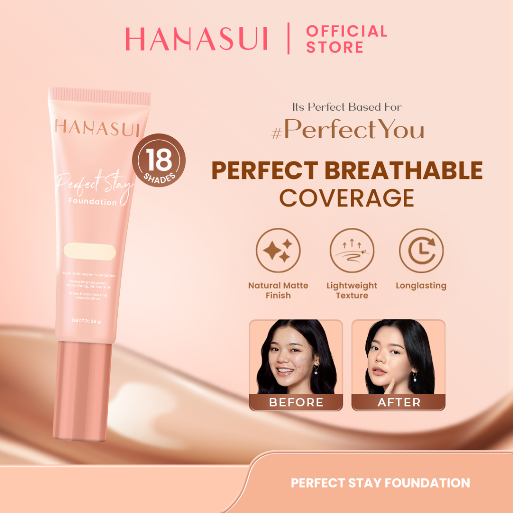 Hanasui Perfect Stay Foundation - Foundation Natural Matte Finish Menyamarkan Pori Pori Oil Control Tahan Lama