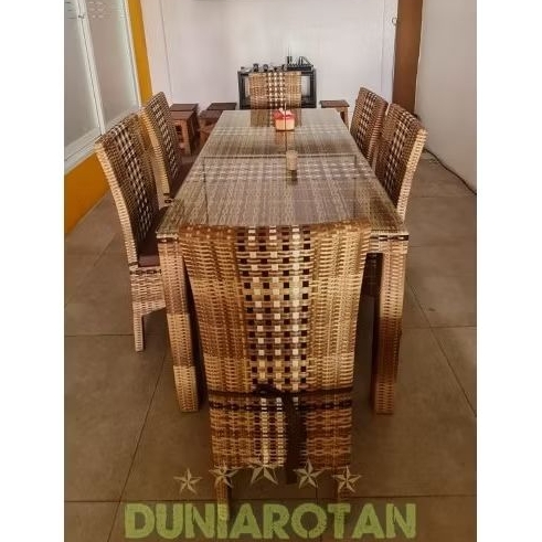 set lengkap meja makan kursi 6 rotan sintetis