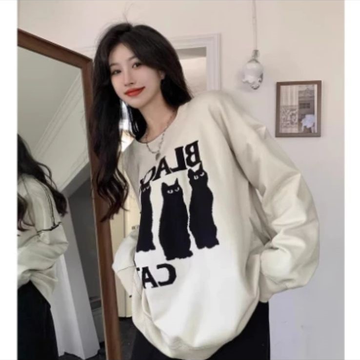 Aidon - Black Cat Sweater Wanita Crew Neck