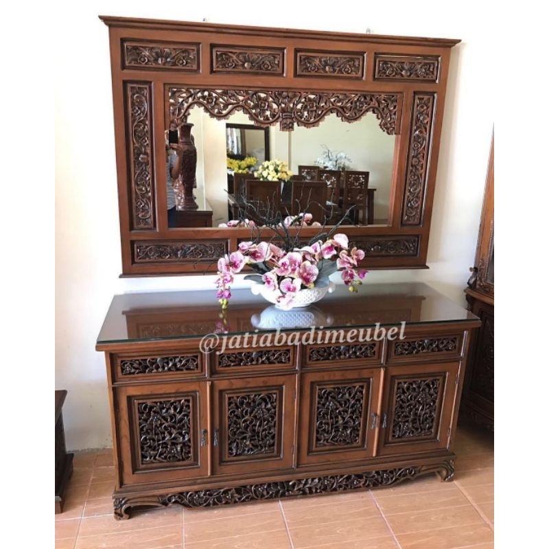 Bufet Buffet Tv Ukir Kayu Jati, Meja Tv Konsul Kayu Jati Ukir Palembang