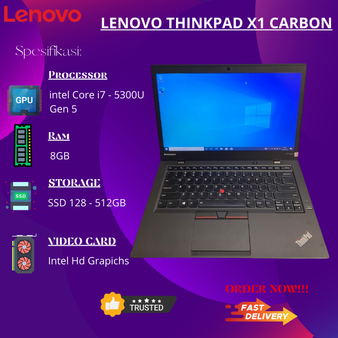 Lenovo Thinkpad X1 Carbon Core i5/i7 Gen 5th Ram 8gb SSD 256gb Super Slim - X1Carbon i5Gen5, RAM 8 S