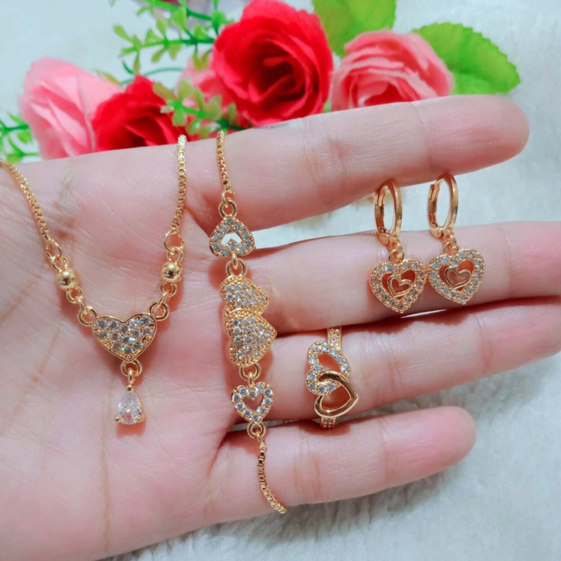 Perhiasan emas 1 set simple motif love aksesoris wanita anti karat mewah
