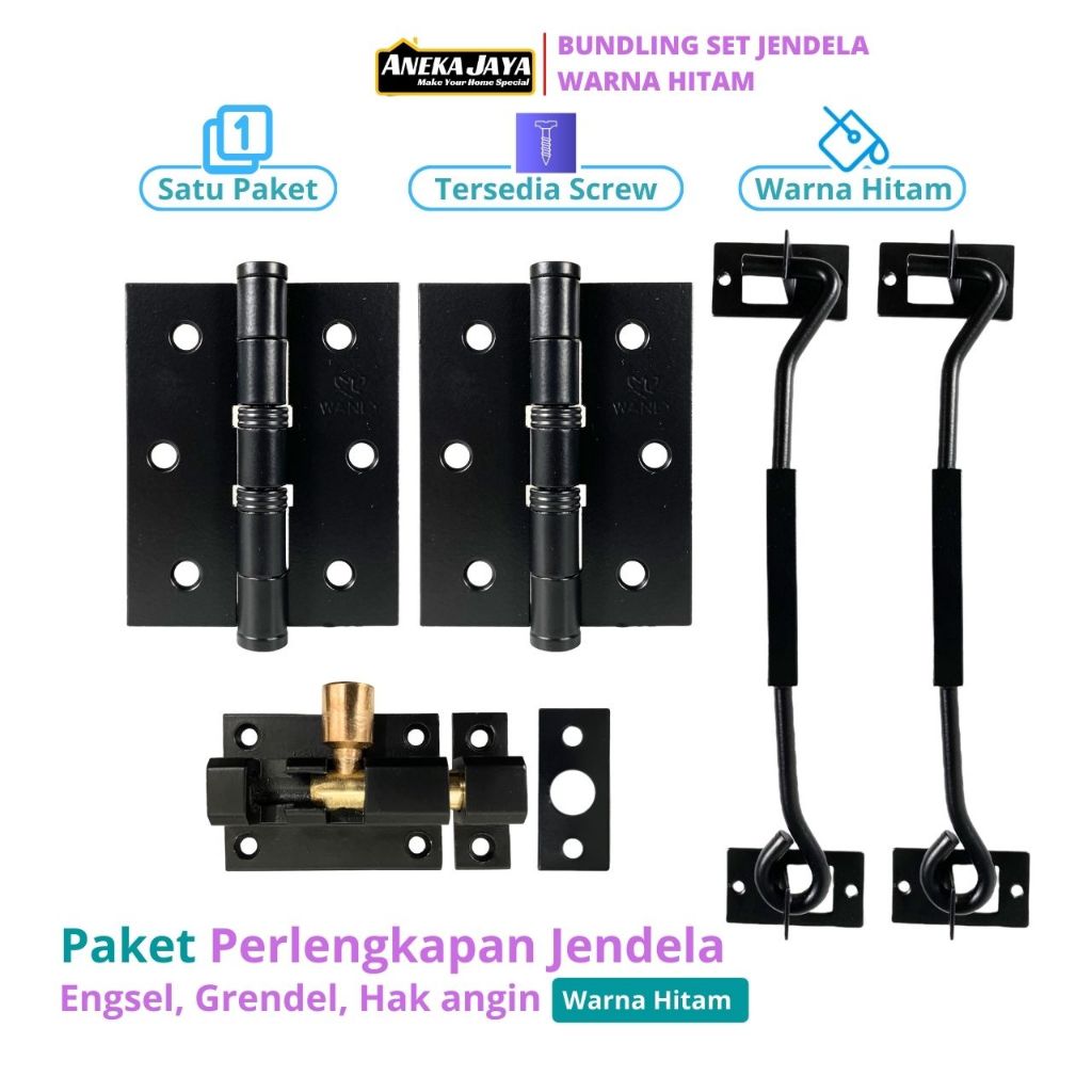 Paket Perlengkapan Jendela Kayu Alumunium Satu Set Engsel Slot Kunci Hak Angin Ramskar Putar - Warna