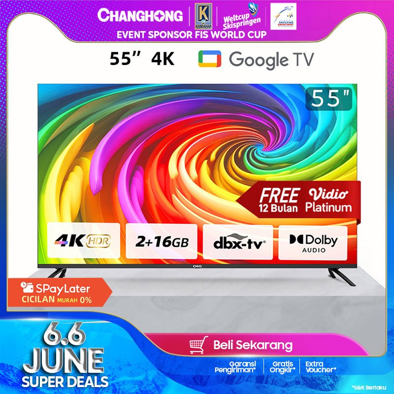 【Google TV】Changhong CHiQ 55 inch Smart TV 4K UHD-HDR10+DBX Dolby Audio Google Assistant Netflix Youtube Digital TV (U55G7P Pro)