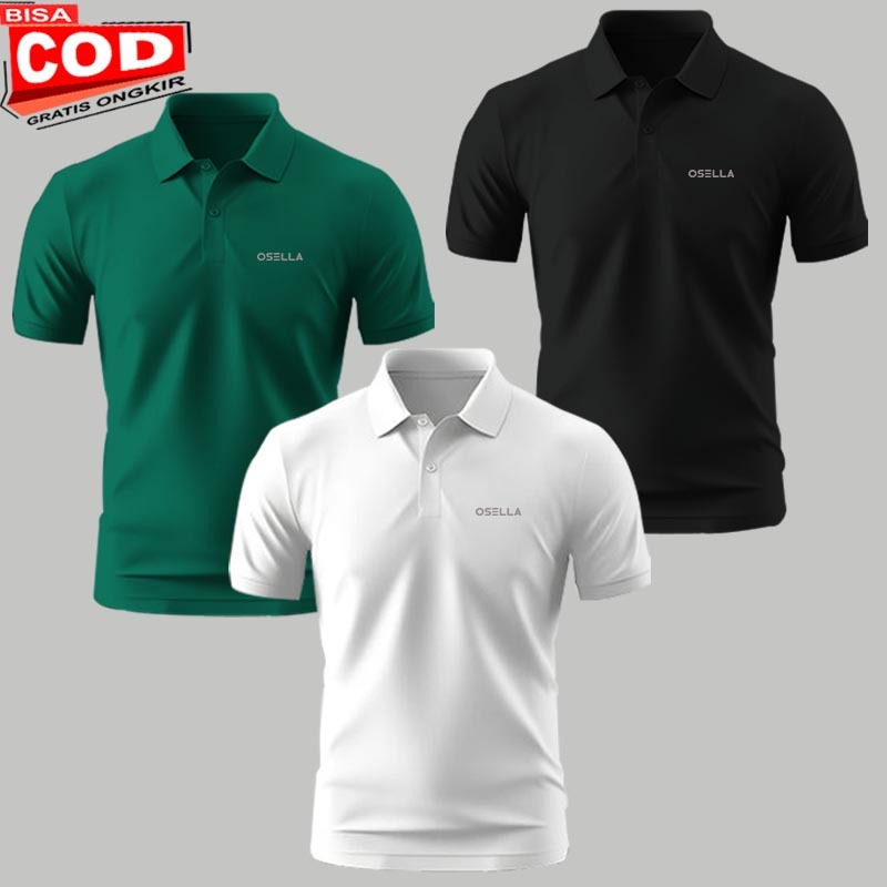 [ PAKET isi 3 PCS ] Kaso Polo Pria Wanita Tangan Pendek / Polo Shirt Distro Logo Osella Text Silver 