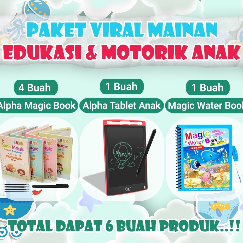 Paket Viral Mainan Edukasi dan Motorik Anak 4 Magic Book Tablet LCD Drawing Book Water magic
