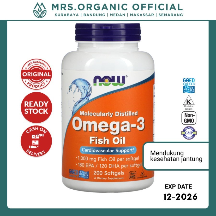 NOW Omega-3 1000mg –  200 Softgels Untuk Jantung, Otak, & Kolesterol dengan Minyak Ikan Berkualitas