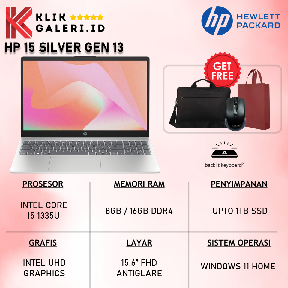 Laptop Kerja HP 15 Intel Core i5 1335U RAM 16GB 512GB SSD Windows 11 Original