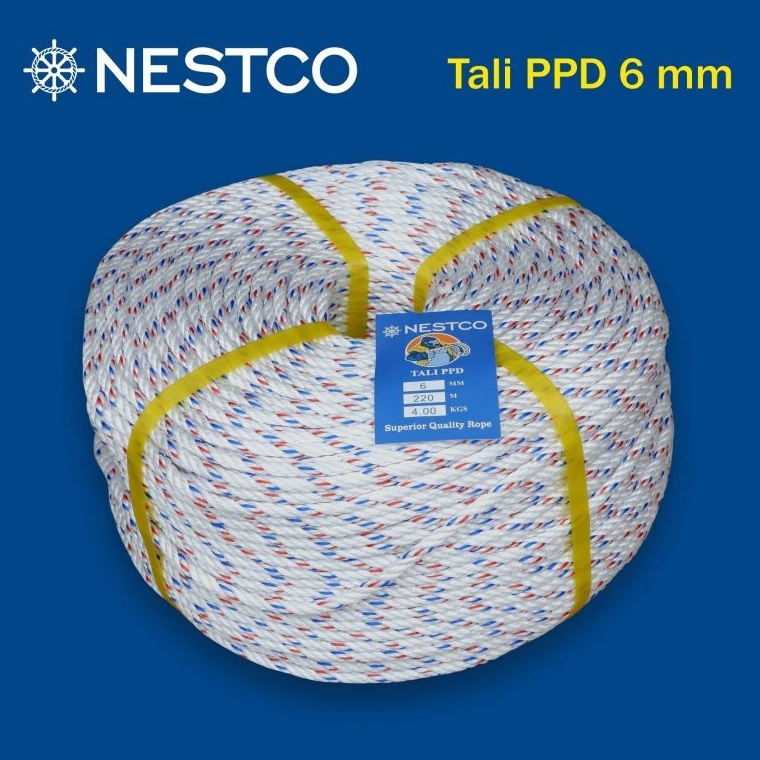 

KODE V14F Tali Tambang PPD Putih ukuran 6 mm berat 4 kg panjang 22 m per 1 roll