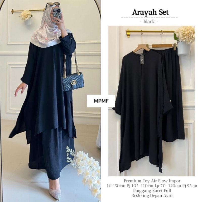 arayah set setelan kaftan + rok syari pakaian muslim wanita polos oversize