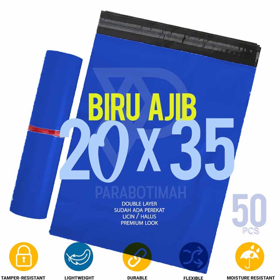 

Berkualitas Tinggi Polymailer plastik packing 2x35 BIRU AJIB 5 lbr glossy premium look murah ready stock Bandung