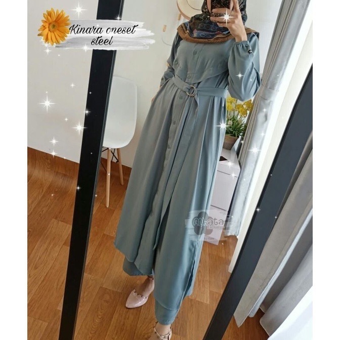 FREE BELT KINARA SET LONG TUNIK CRINKLE AIRFLOW | SETELAN KINARA | ONES ET KINARA | SETELAN KANCING 