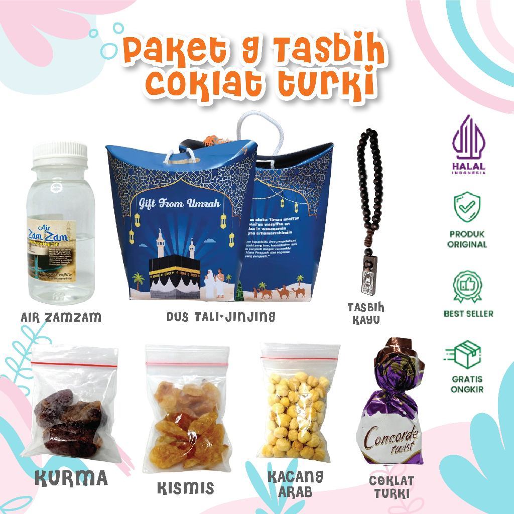 

Paket Oleh Oleh Haji dan Umroh Dus Tali Tosca + Air Zamzam ori + Coklat Turki + Tasbih Kayu