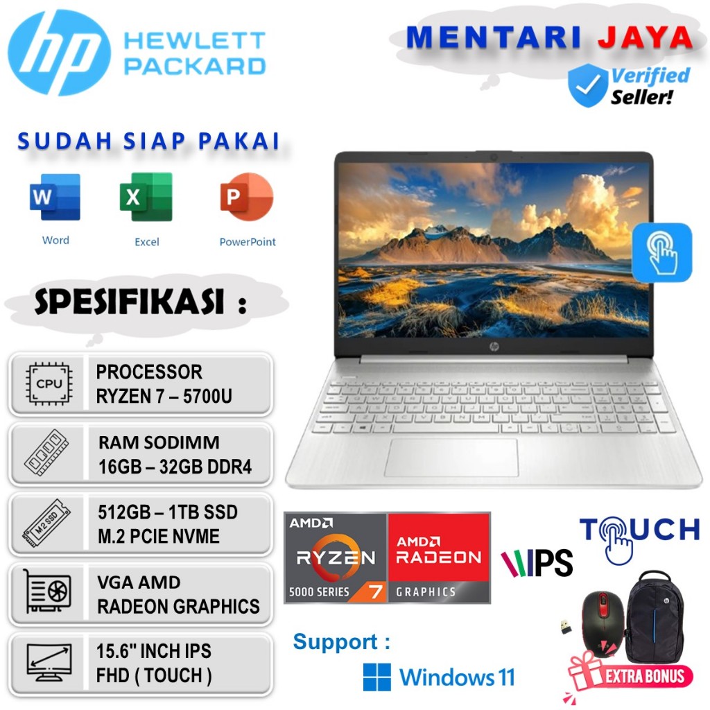 LAPTOP GAMING HP 15 AMD RYZEN 7 5700 RAM 32GB 1TB SSD WIN11 15.6"FHD IPS TOUCH SILVER