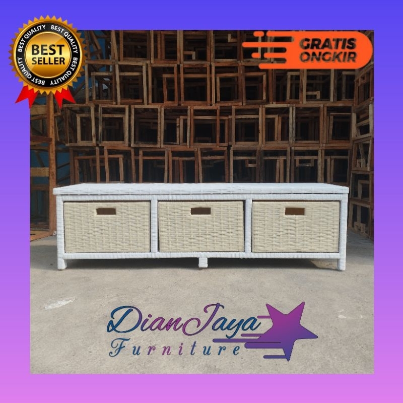 {READY STOCK} Lemari TV 3 Laci Rotan Sintetis | Meja TV Rotan sintetis Termurah Serbaguna