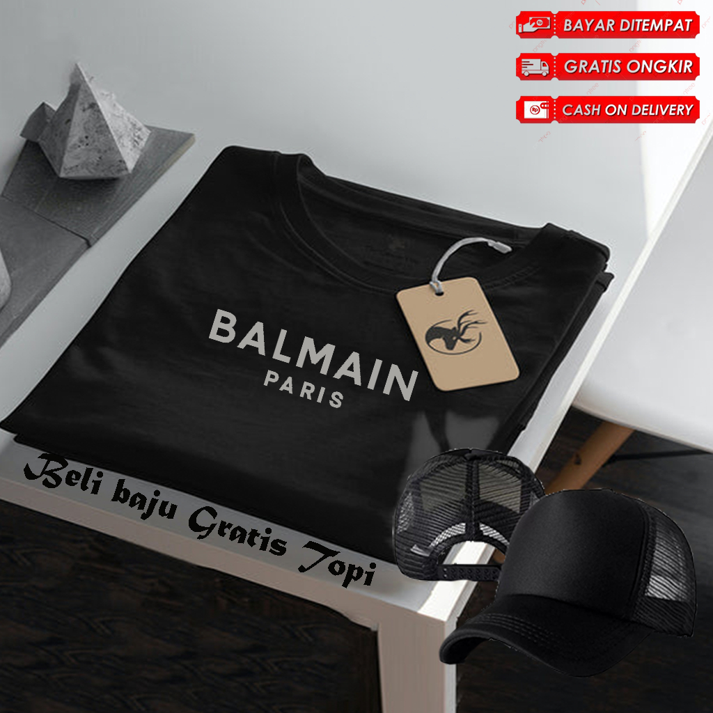 BELI BAJU GRATIS TOPI POLOS...!!! Kaos Distro Lengan pendek / Tshirt Distro Logo Balmain Paris Text 