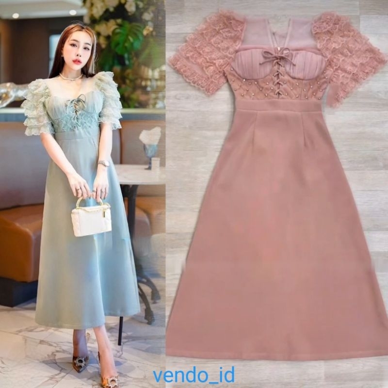 puff sleeve Midi dress biru blue mint hijau biru simple korean paris parisian europe eropa vintage k