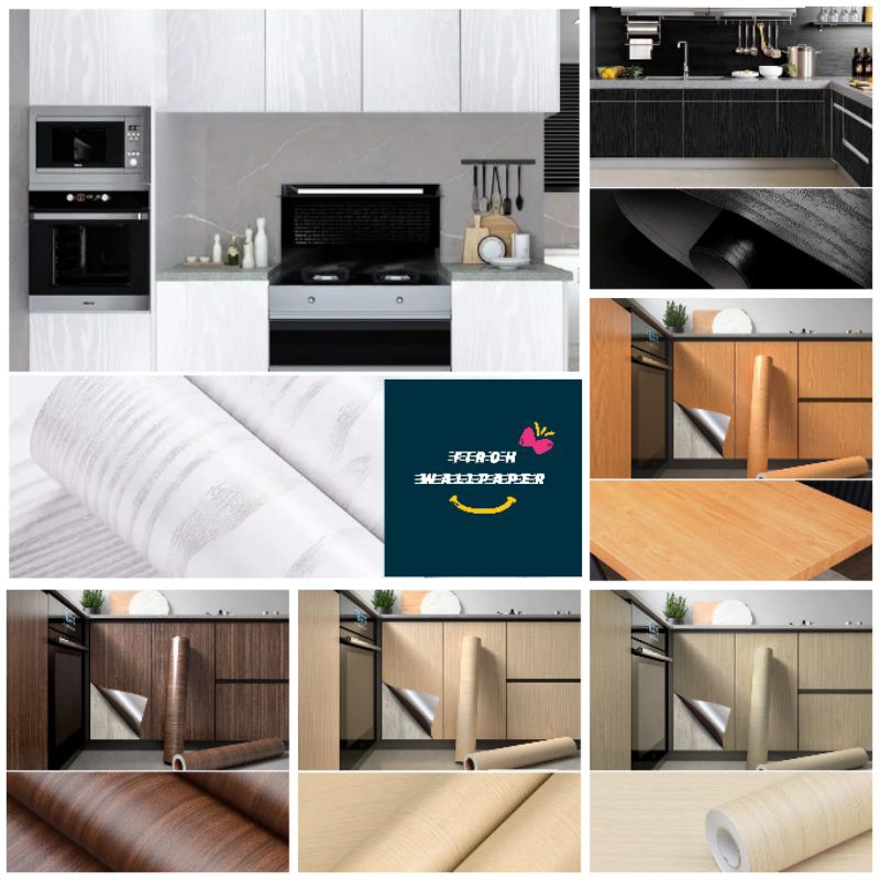 wallpaper stiker kayu glossy aluminium foil set kitchen