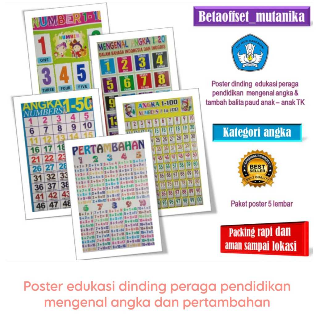 Poster dinding paket pendidikan belajar angka dan pertambahan anak tk