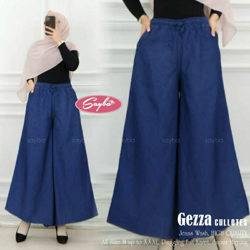 Gezza 2 Celana Kulot Jeans Jumbo Polos Hitam Fit XXXL Pinggang Karet By Sayba