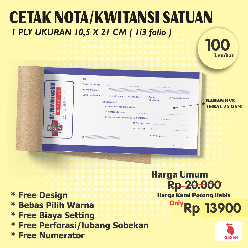 

Cetak Nota / kwitansi custom 1/3 folio 1 ply desain bebas custom