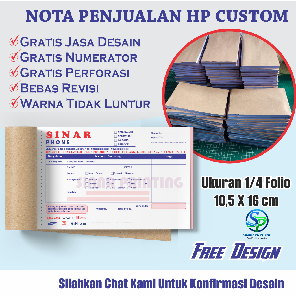 Nota Penjualan HP Custom Free Design - 2 rangkap 1 Rangkap