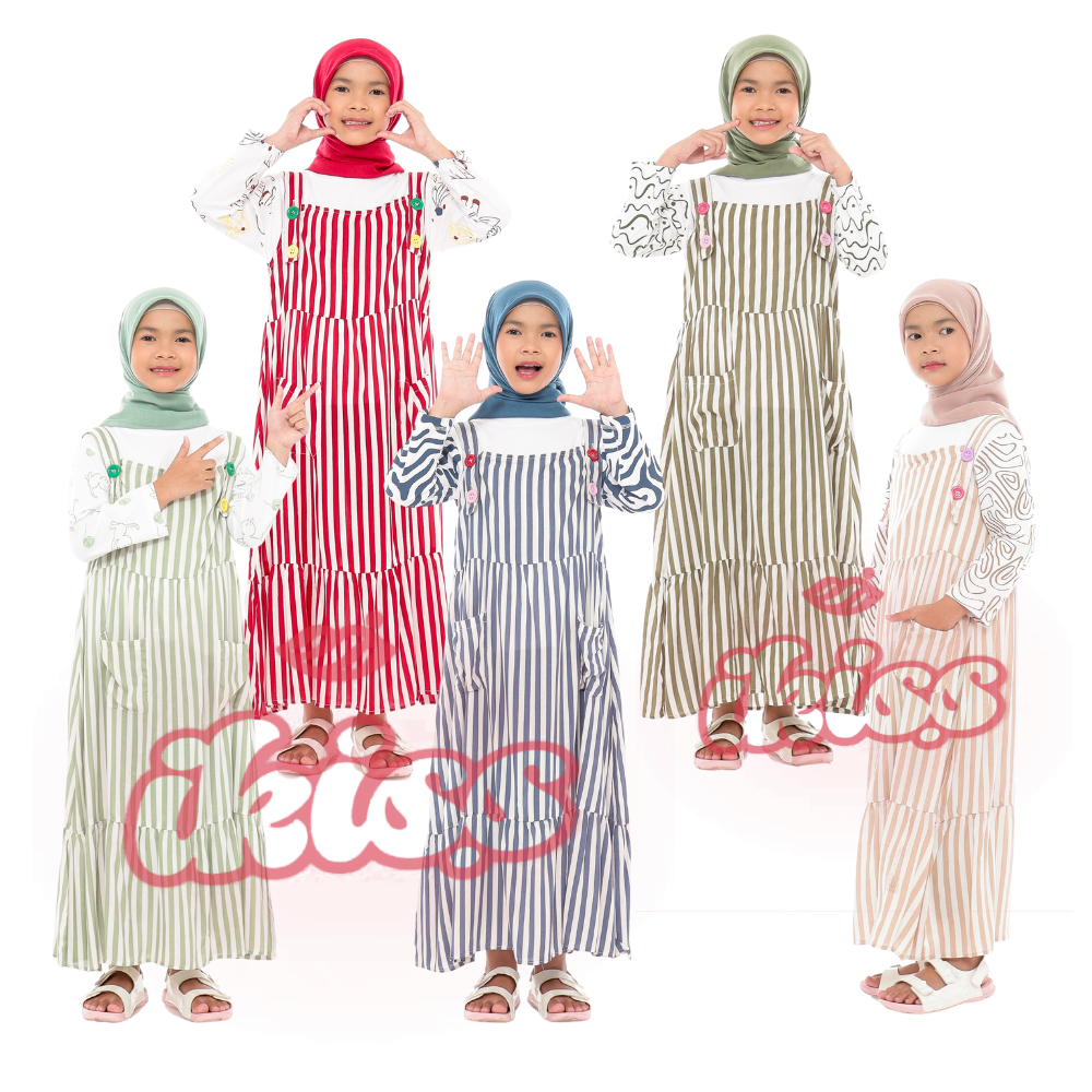 Gamis Overall Anak Tanggung Usia 5-14 Tahun Motif Salur Katun Polos Longdress Muslimah Trendy