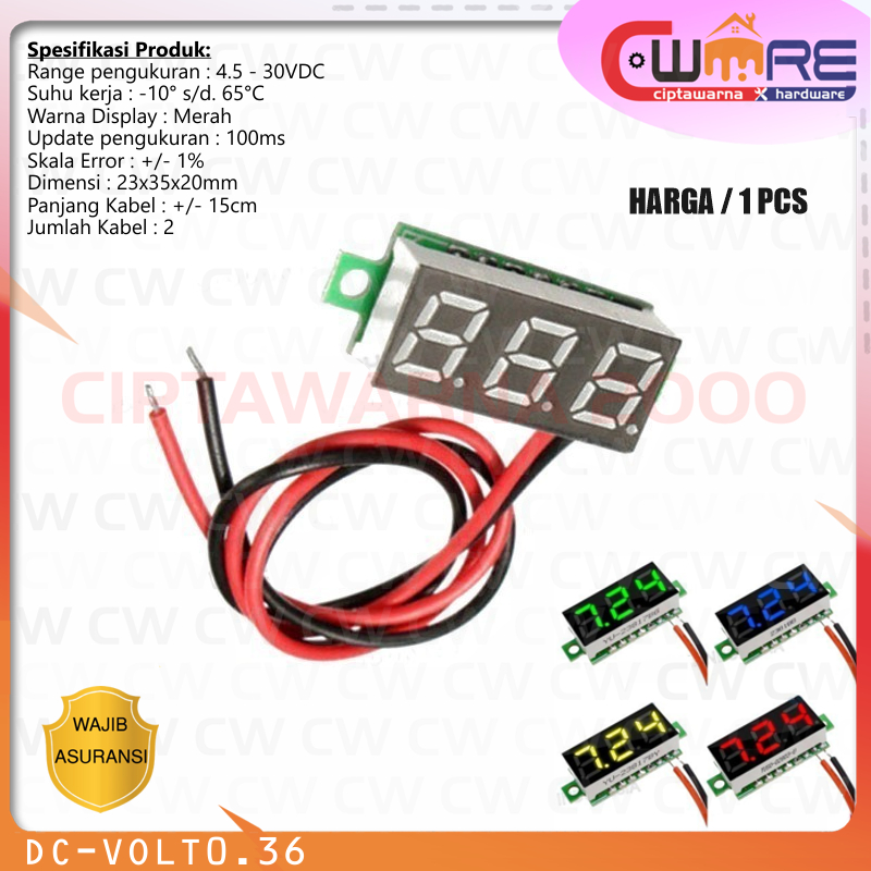 Volt Meter DC Digital Mini Voltmeter 0.36" DC 4.5-30V Volt Meter 2 Kabel Tanpa Frame
