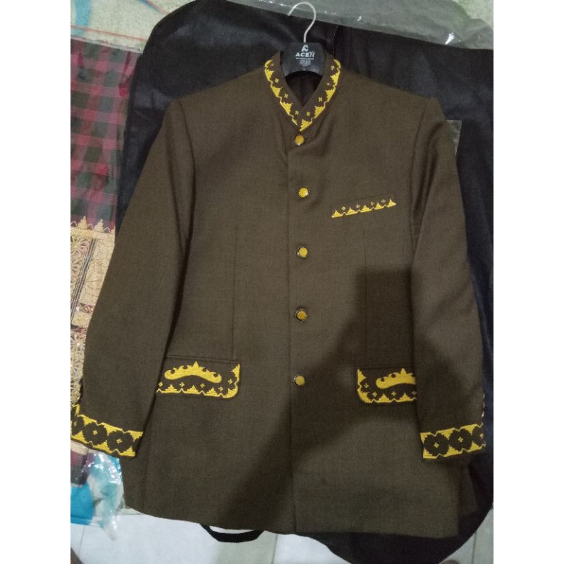 Jas Tutup Bordir Khas Lampung + Celana Dan Kain Sarung Tapis Benang Emas Asli Sulam Tangan (Set Paka